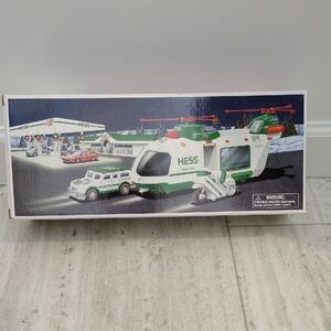 Green and White Toy Helicopter and Truck Set